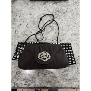 Kate Landry Evening Bag, Rhinestone Rose Emblem, Satin, Magnetic Snap, Silk Cord